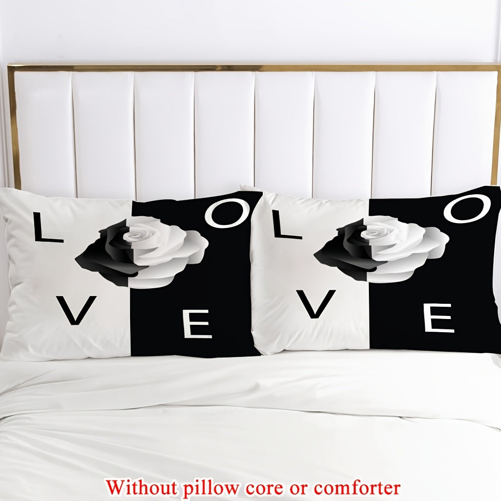 2/3pcs (1 Duvet Cover + 1/2 Pillowcase, Without Core) Black and White Background Rose Flowers Romantic Valentine's Day Lover Couple 3D Print Soft Comfortable Bedding Set for Bedroom Dorm Room Family Gift