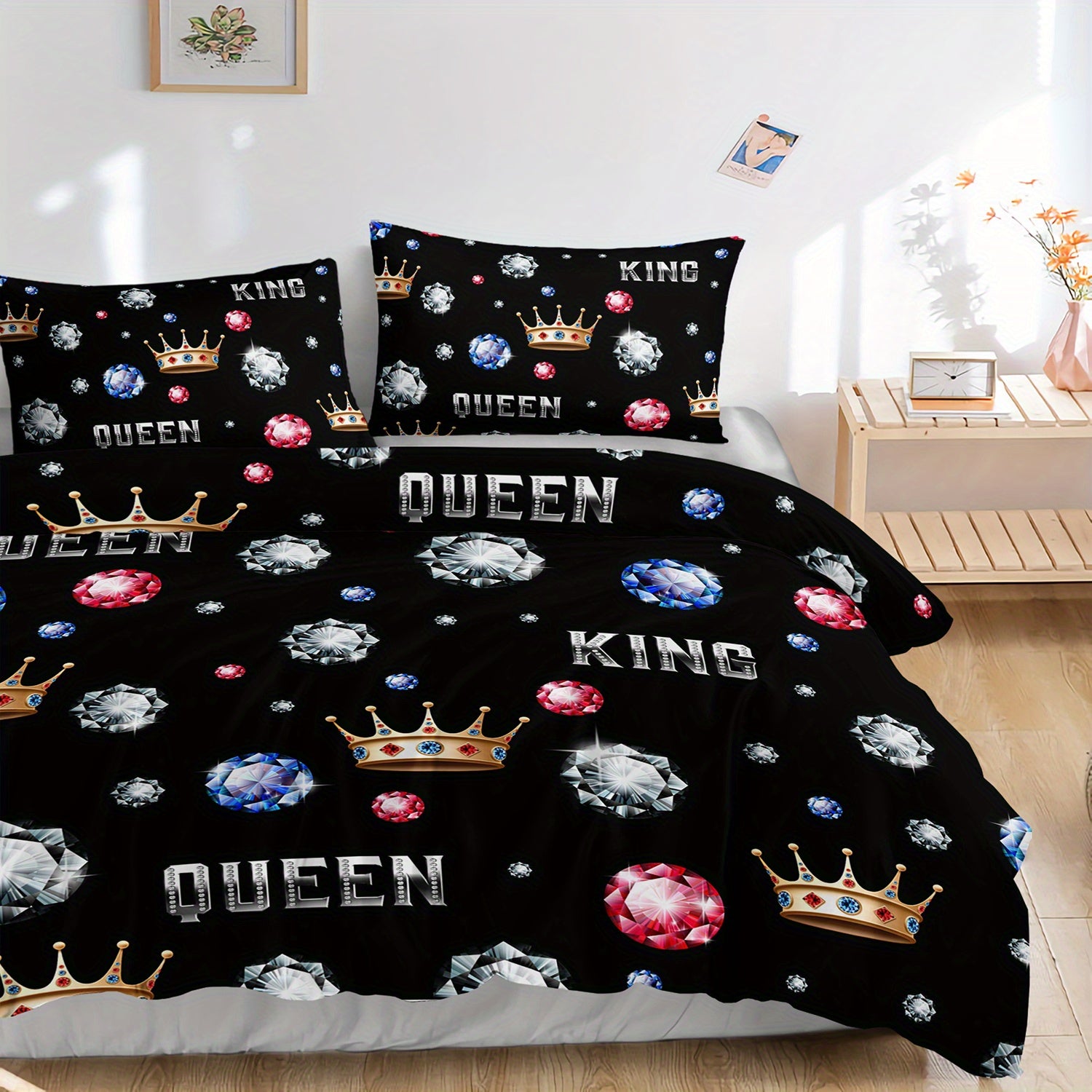 3pcs King Queen Crowns and Diamonds 3D Digital Printed Duvet Cover Set Romantic Couple Bedding Set for Four Season Queen Size Black Bedding for Bedroom or Guest Room Decor Polyester Comforter Cover Gift 1 Quilt Cover+2 Pillowcases