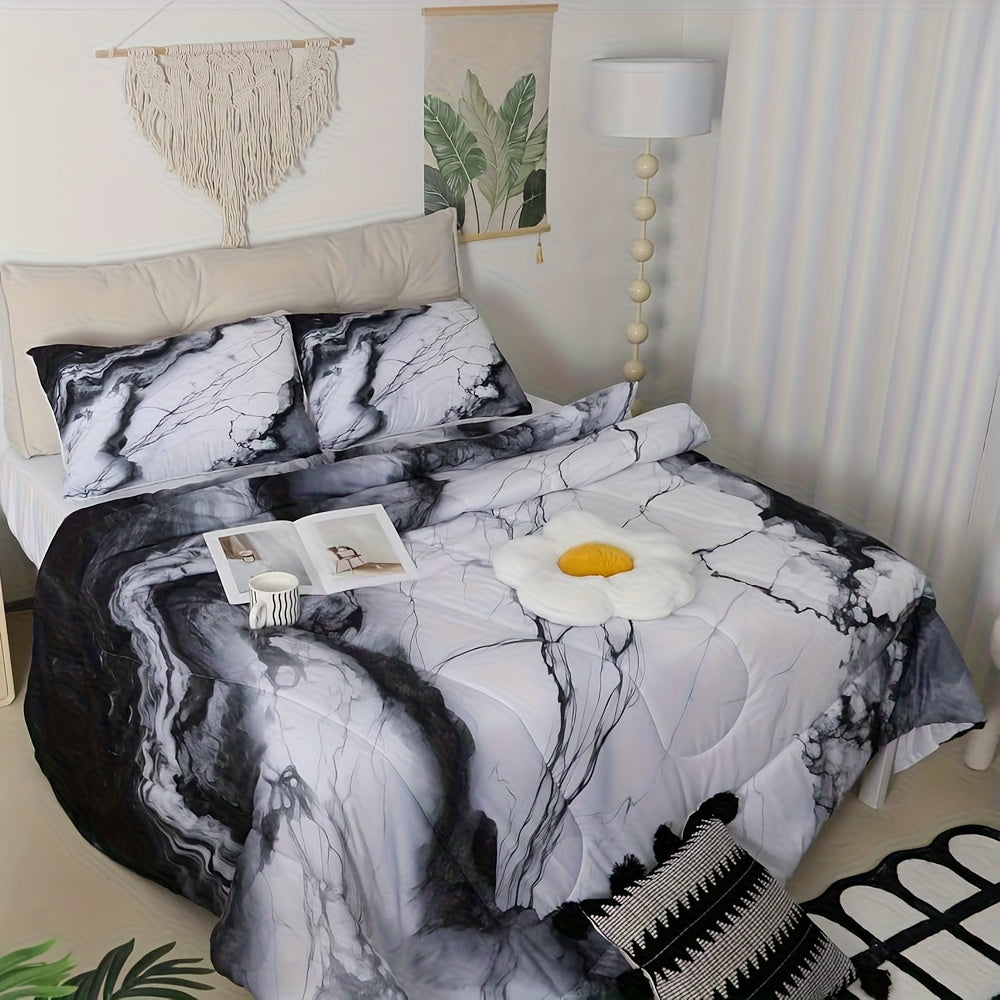 3pcs Marble Print Comforter Set Full/Queen/King Size Marbling Abstract Stone Texture Bedding Set Artwork Chinese Style Comforter Black White Grey for Women Men Adults Living Room Bedroom Decor with 1 Comforter And 2 Pillowcases Ink Wash Painting, Home