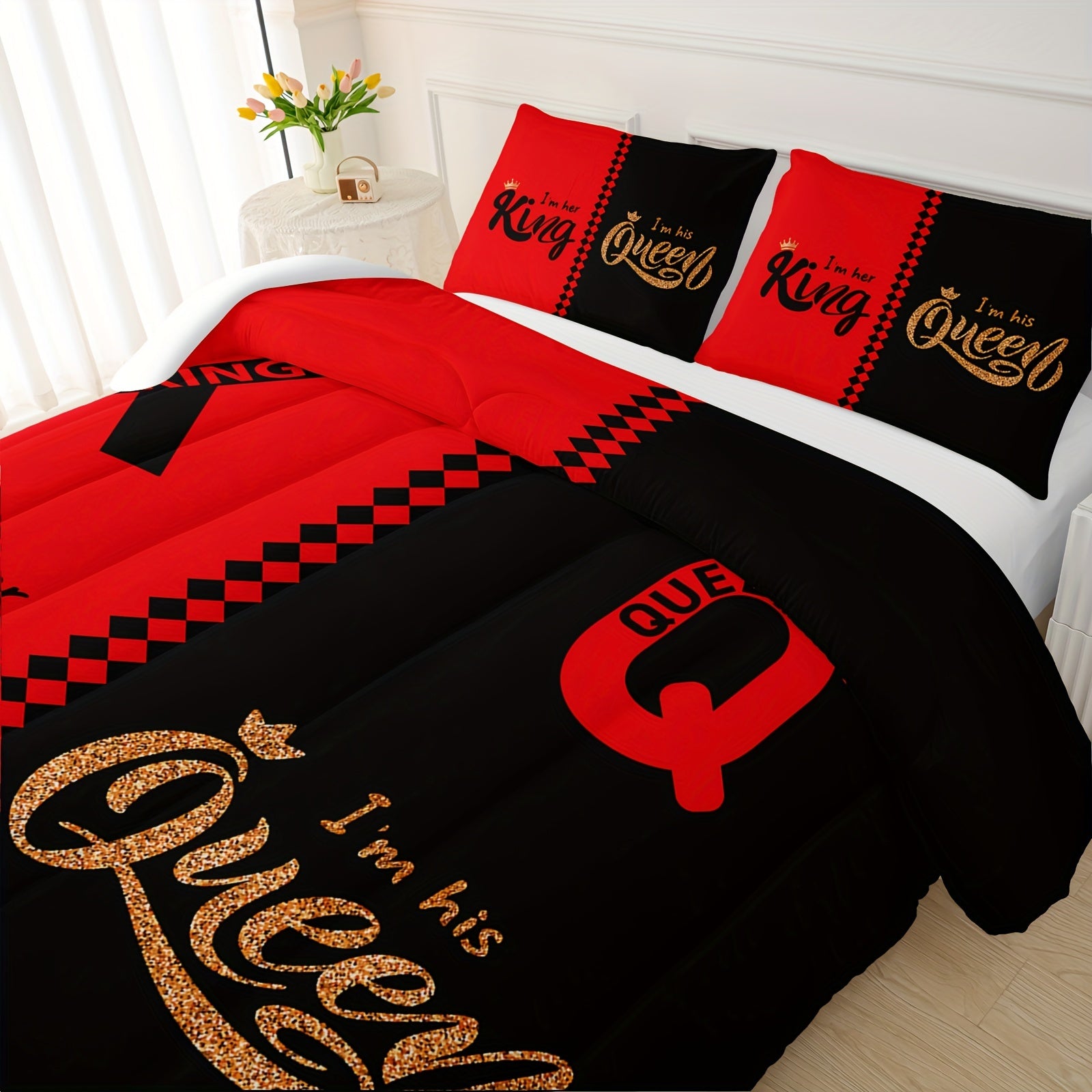 3-pcs Couple Comforter Set, Sun And Moon Themed Printed Bedding, Creative Design Queen And King Comforter Set For Adults Elegant And Comfortable Down Comforter Set (1*Comforter + 2*Pillowcase, Without Core)