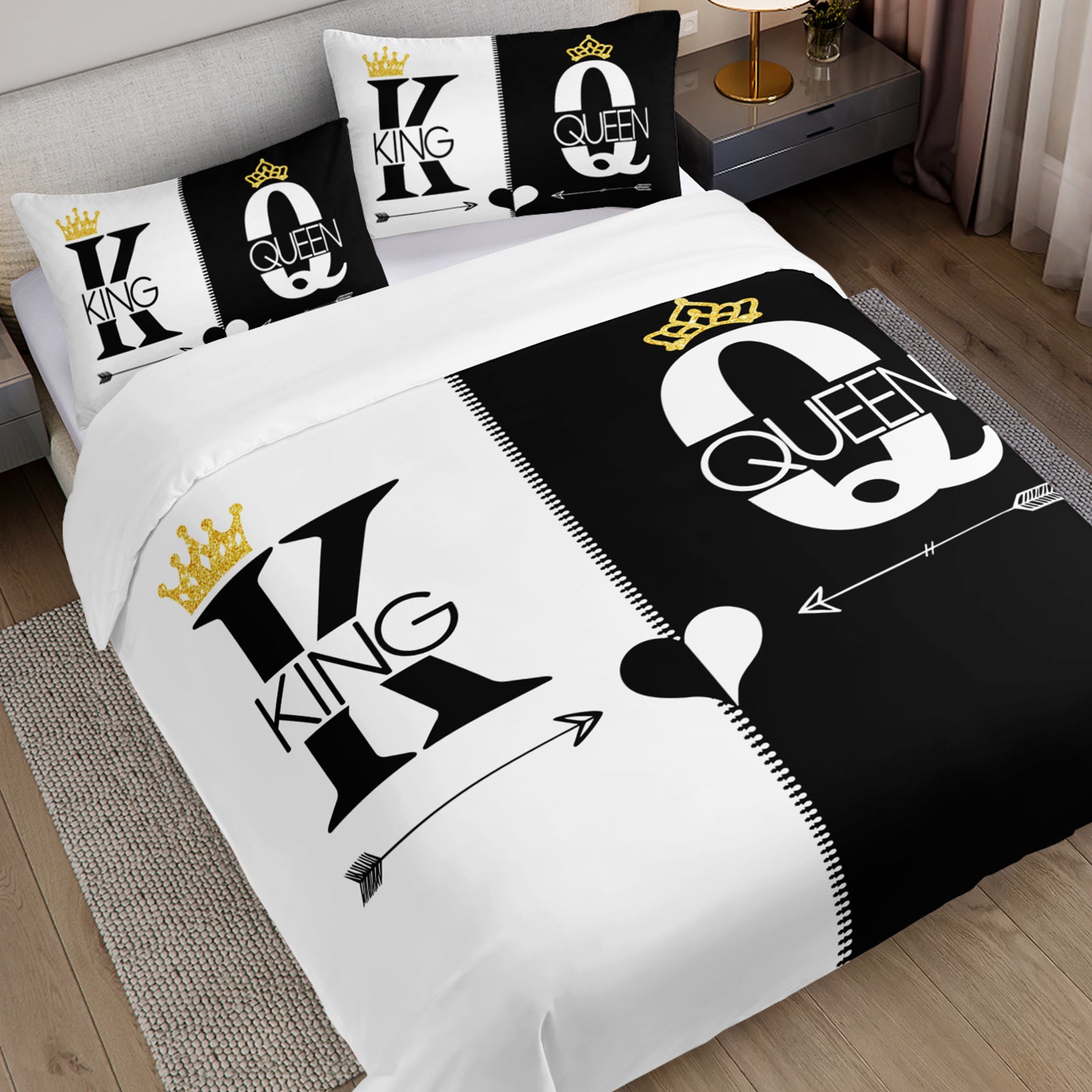 3pcs King Queen Duvet Cover Set Black White Couple Bedding Set Romantic Bedroom Decor Four Seasons (1Duvet Cover + 2Pillowcases NO Comforter)