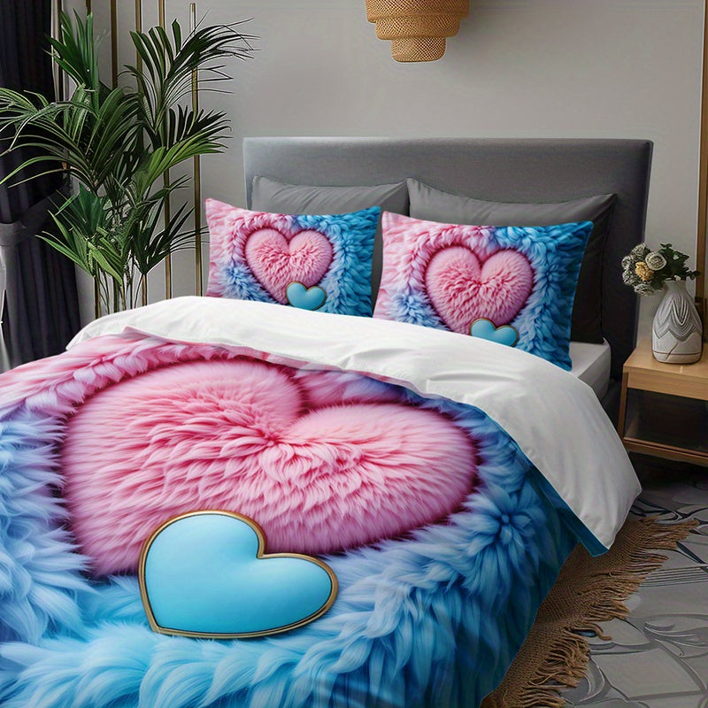 2/3pcs Pink Blue Feather Love Heart Duvet Cover Set (1 Duvet Cover + 1/2 Pillowcases Without Pillow Inserts), Four Seasons Home Dormitory High-definition Print Romantic Soft and Comfortable Couple Style