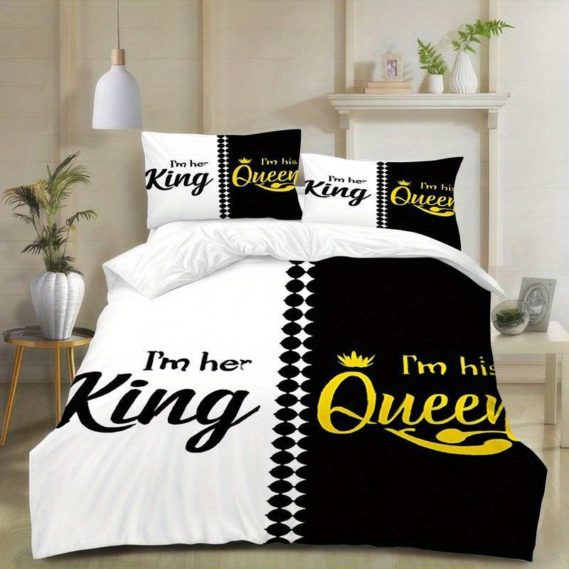 3pcs Couples King Queen Bedding Black White Design Duvet Cover with Pillowcases, His and Her Side Luxury Royal Crown Pattern, Romantic Valentine Gift Bedroom Decor, Soft Microfiber Fabric (1 + 2 Pillowcases)