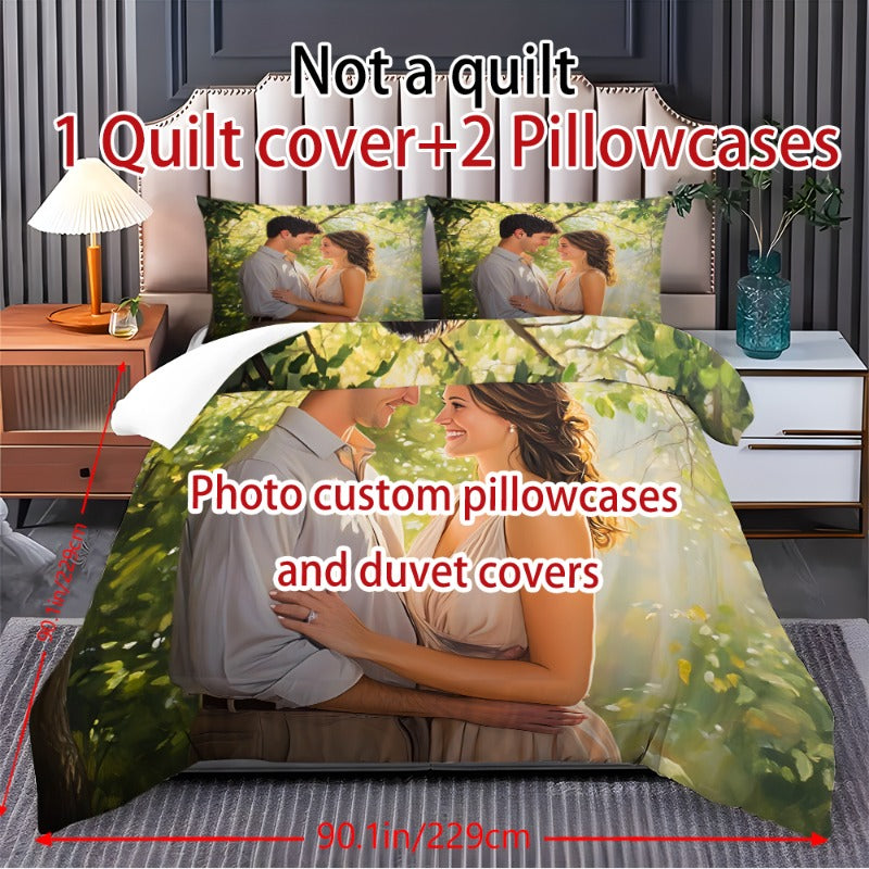 Customize Your Personalized Photos 2/3pcs Set – Exclusive Couple Photo Quilt Cover & Pillowcase Set for All Seasons, Polyester Fabric with Zipper Closure and Single-Sided Printing, Machine Washable – Bedding Set (1x Quilt + 2x Pillows), No Inserts,