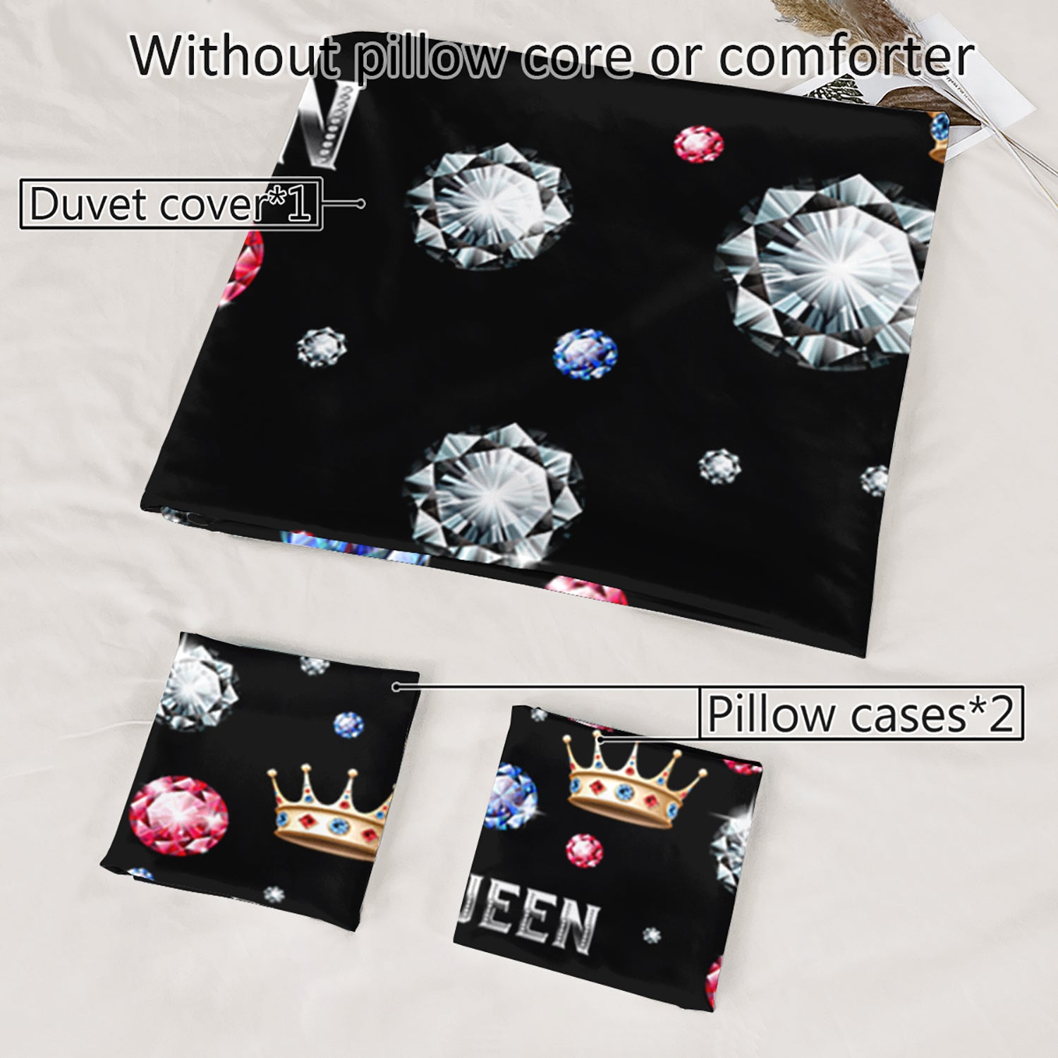 3pcs King Queen Crowns and Diamonds 3D Digital Printed Duvet Cover Set Romantic Couple Bedding Set for Four Season Queen Size Black Bedding for Bedroom or Guest Room Decor Polyester Comforter Cover Gift 1 Quilt Cover+2 Pillowcases