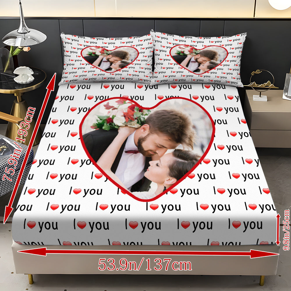 Custom 3pcs I Love You Personalized Printed Bedding Set, Couple Fitted Sheet Set - 1*Fitted Sheet + 2*Pillowcases, Coreless Elegant Design, Soft & Breathable Light Beige-Friendly Bed Linens in Multiple Sizes, Perfect Home Decor with Comfortable Mattress