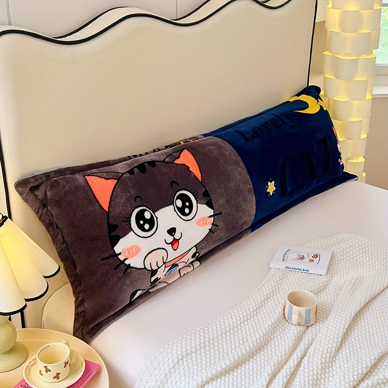 Cartoon Dog Print Plush Pillowcase | Soft Flannel Polyester | Zippered Closure | Machine Washable | All-Season Comfort | Ideal for Couples' Bedroom Decor