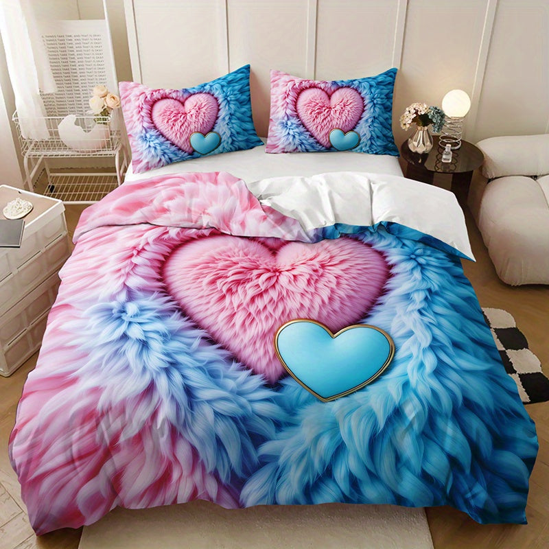 2/3pcs Pink Blue Feather Love Heart Duvet Cover Set (1 Duvet Cover + 1/2 Pillowcases Without Pillow Inserts), Four Seasons Home Dormitory High-definition Print Romantic Soft and Comfortable Couple Style