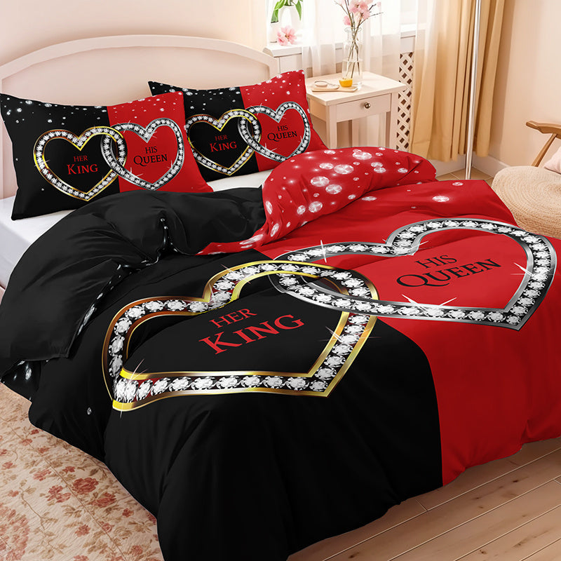 3pcs King Queen Hearts Luxury Bedding Duvet Cover Set Couple Bedding Quilt Set Romantic Themed Bed Quilt Set Anniversary Bedroom Decor Bed Quilt Set Four Seasons (1Duvet Cover + 2Pillowcase NO Comforter)
