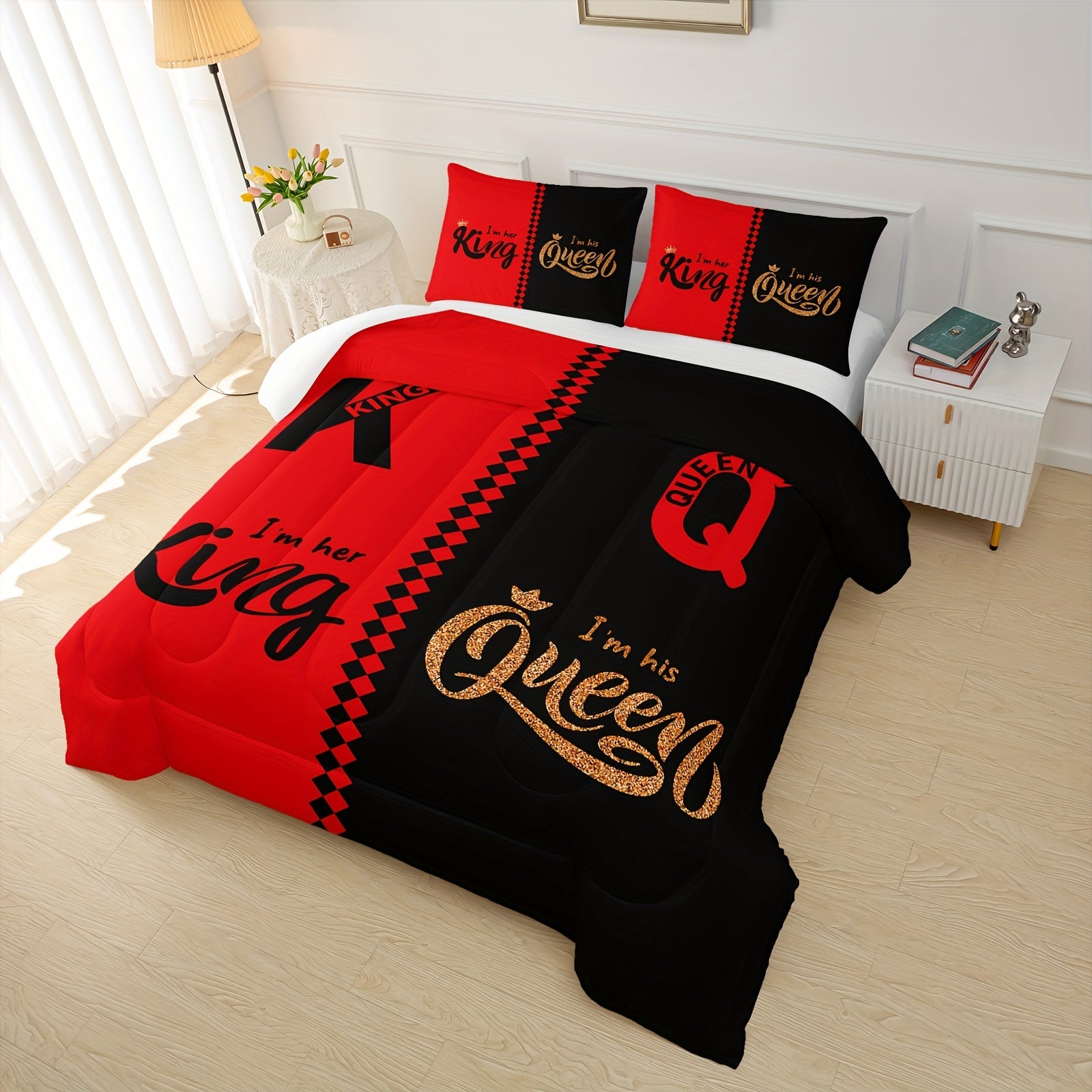 3-pcs Couple Comforter Set, Sun And Moon Themed Printed Bedding, Creative Design Queen And King Comforter Set For Adults Elegant And Comfortable Down Comforter Set (1*Comforter + 2*Pillowcase, Without Core)