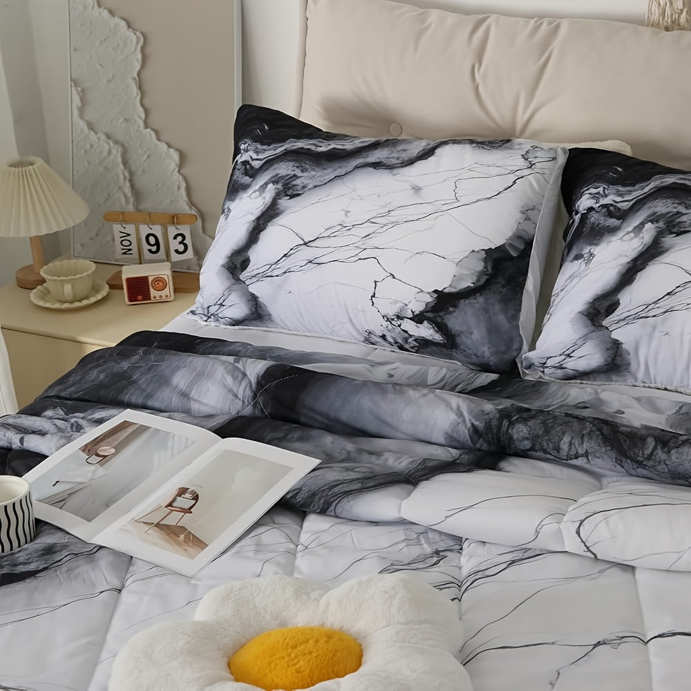 3pcs Marble Print Comforter Set Full/Queen/King Size Marbling Abstract Stone Texture Bedding Set Artwork Chinese Style Comforter Black White Grey for Women Men Adults Living Room Bedroom Decor with 1 Comforter And 2 Pillowcases Ink Wash Painting, Home