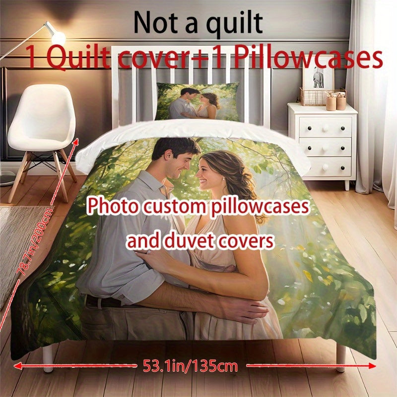 Customize Your Personalized Photos 2/3pcs Set – Exclusive Couple Photo Quilt Cover & Pillowcase Set for All Seasons, Polyester Fabric with Zipper Closure and Single-Sided Printing, Machine Washable – Bedding Set (1x Quilt + 2x Pillows), No Inserts,
