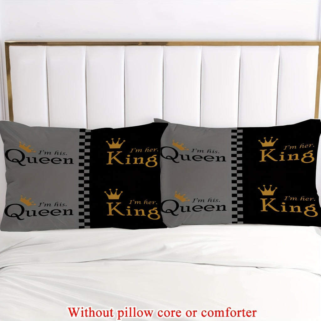 2/3pcs (1 Duvet Cover + 1/2 Pillowcase, Without Core) Couple Grey Black King Queen Crown Geometric Grid Valentine's Day Romantic Love Print Soft Comfortable Bedding Set for Bedroom Dorm Room Family Gift