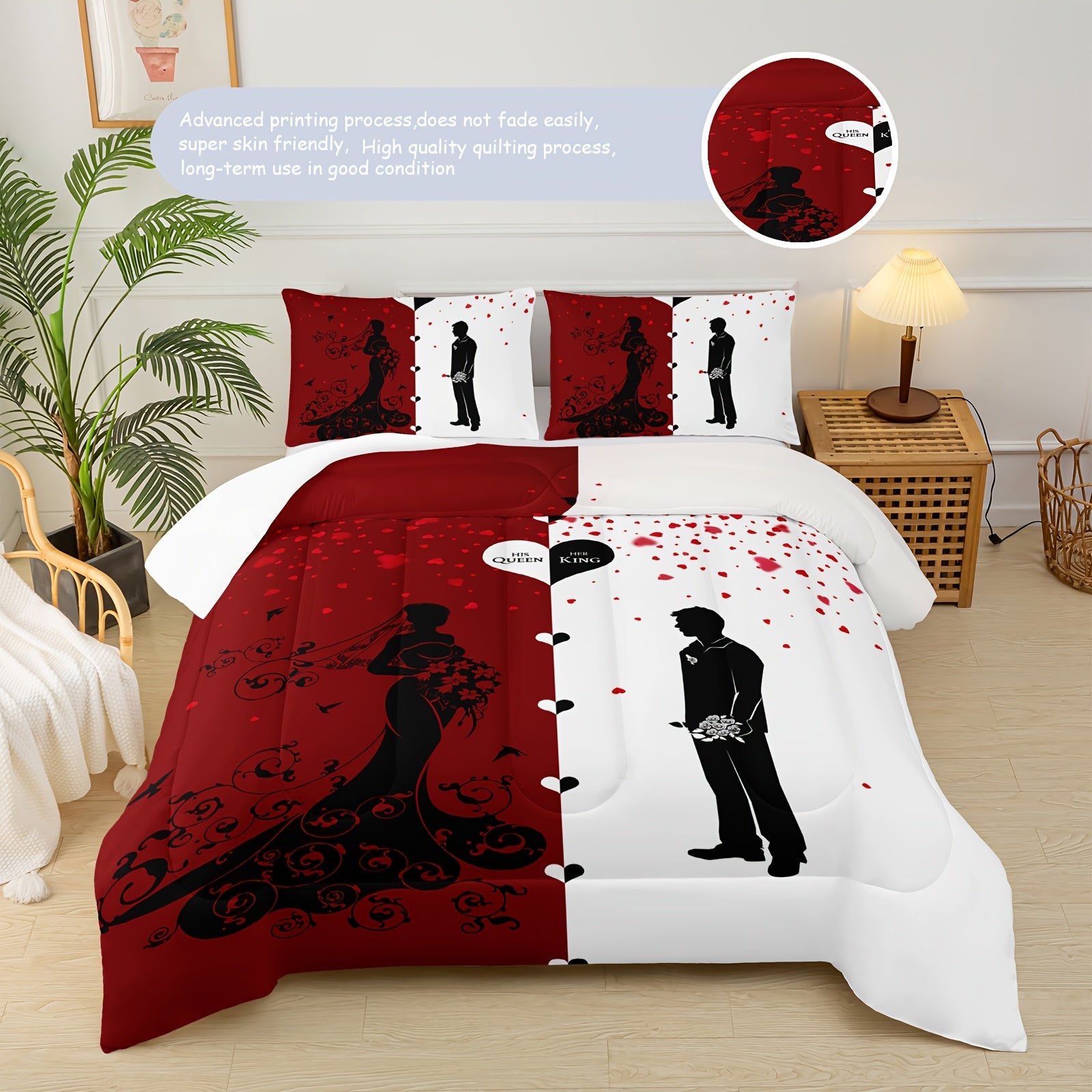 3pcs Set Valentine's Day Love Comforter Set, Red And White Bedding Set (1 Bed Comforter + 2 Pillow Cases), Four Seasons Comforter, Soft Comfortable And Breathable Printed Bedding for Home Dorm Decoration