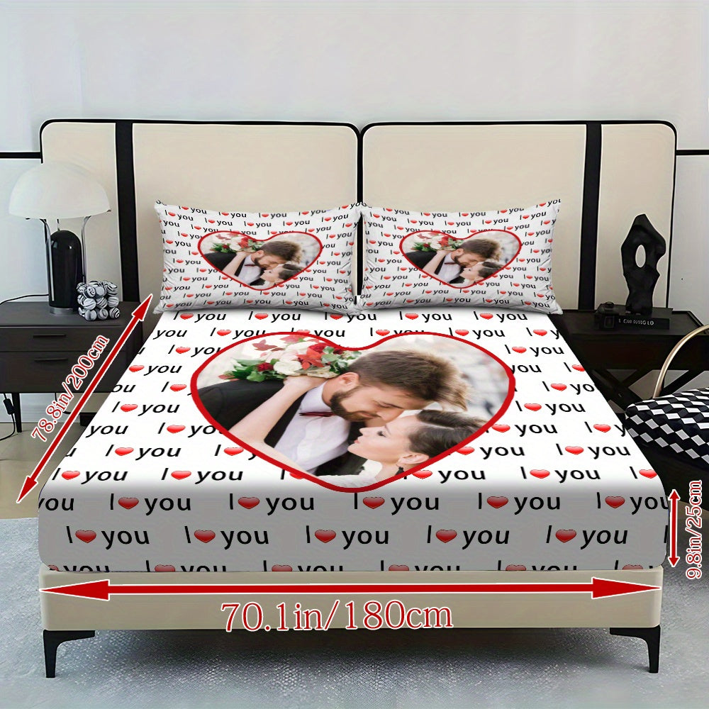 Custom 3pcs I Love You Personalized Printed Bedding Set, Couple Fitted Sheet Set - 1*Fitted Sheet + 2*Pillowcases, Coreless Elegant Design, Soft & Breathable Light Beige-Friendly Bed Linens in Multiple Sizes, Perfect Home Decor with Comfortable Mattress
