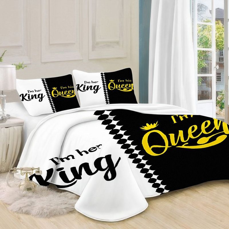 3pcs Couples King Queen Bedding Black White Design Duvet Cover with Pillowcases, His and Her Side Luxury Royal Crown Pattern, Romantic Valentine Gift Bedroom Decor, Soft Microfiber Fabric (1 + 2 Pillowcases)