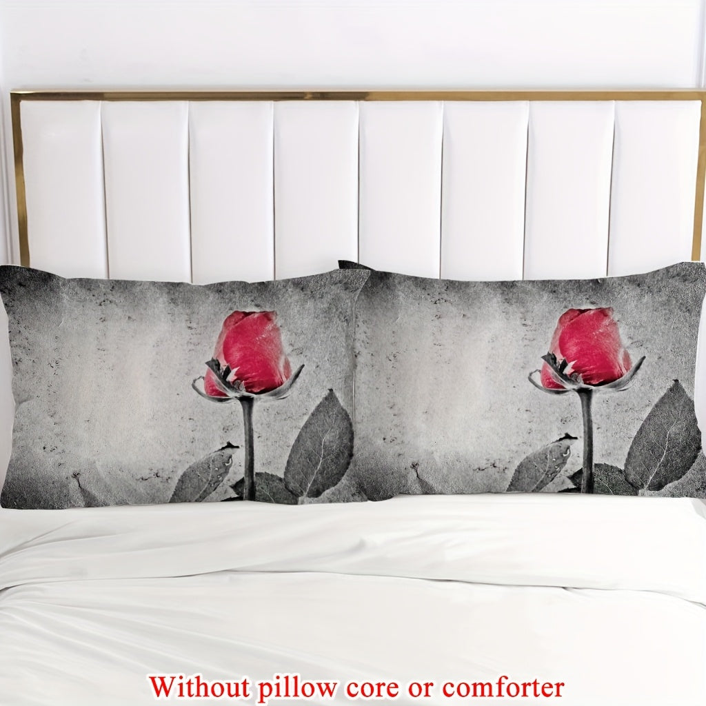 2/3pcs (1 Duvet Cover + 1/2 Pillowcase, Without Core) Retro Grey Background Red Rose Flowers Romantic Love Valentine'S Day Couple Print Soft Comfortable Bedding Set for Bedroom Dorm Room Family Gift