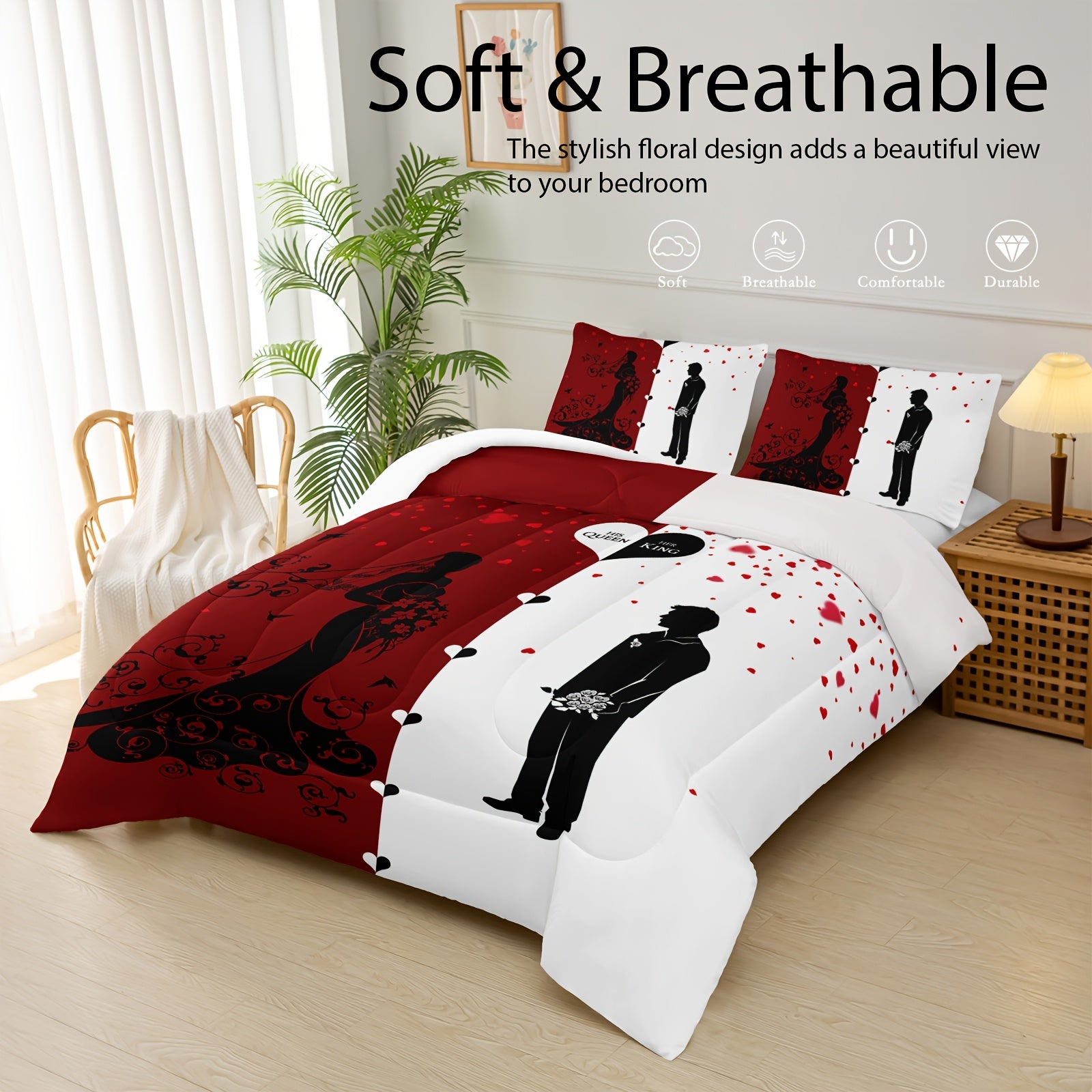 3pcs Set Valentine's Day Love Comforter Set, Red And White Bedding Set (1 Bed Comforter + 2 Pillow Cases), Four Seasons Comforter, Soft Comfortable And Breathable Printed Bedding for Home Dorm Decoration