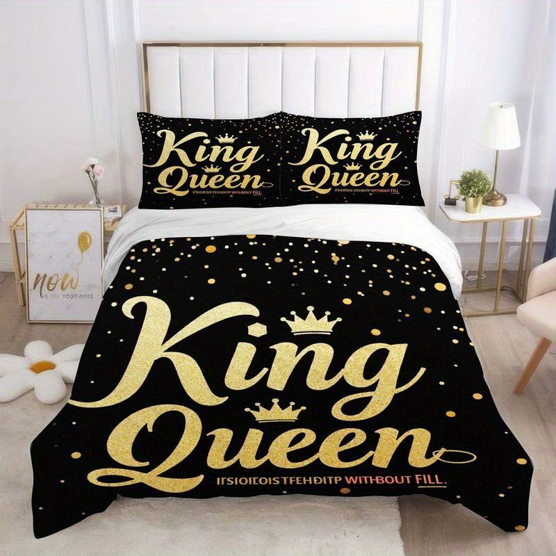 3pcs Luxury King Queen Crown Bedding Golden Letter Print Duvet Cover, Modern Romantic Black Theme Bedroom Decor, Soft Polyester Fabric for Master Guest Room 1 Duvet Cover+2 Pillowcases, Queen Size Bedding Set, King Size Christmas Bedding Sets, Queen Bed