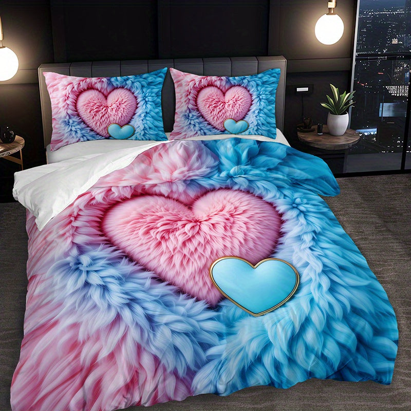 2/3pcs Pink Blue Feather Love Heart Duvet Cover Set (1 Duvet Cover + 1/2 Pillowcases Without Pillow Inserts), Four Seasons Home Dormitory High-definition Print Romantic Soft and Comfortable Couple Style