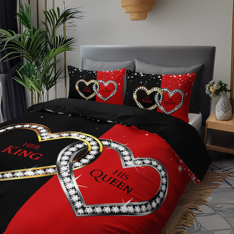 3pcs King Queen Hearts Luxury Bedding Duvet Cover Set Couple Bedding Quilt Set Romantic Themed Bed Quilt Set Anniversary Bedroom Decor Bed Quilt Set Four Seasons (1Duvet Cover + 2Pillowcase NO Comforter)