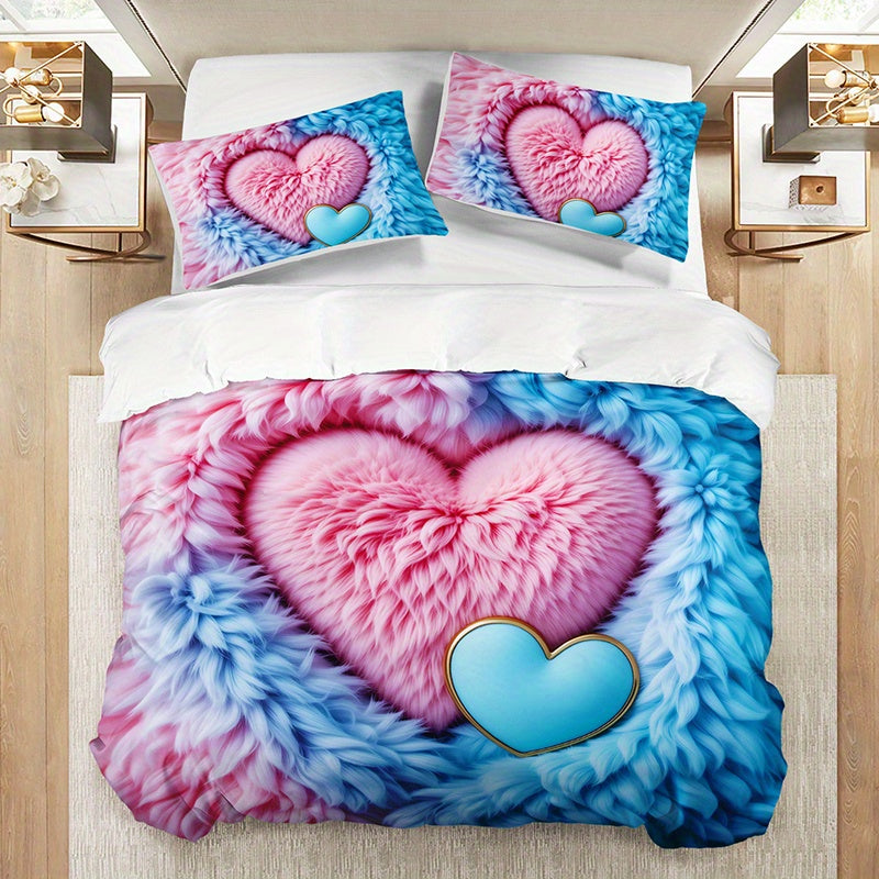 2/3pcs Pink Blue Feather Love Heart Duvet Cover Set (1 Duvet Cover + 1/2 Pillowcases Without Pillow Inserts), Four Seasons Home Dormitory High-definition Print Romantic Soft and Comfortable Couple Style