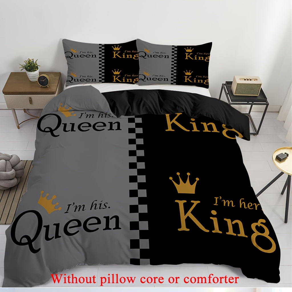 2/3pcs (1 Duvet Cover + 1/2 Pillowcase, Without Core) Couple Grey Black King Queen Crown Geometric Grid Valentine's Day Romantic Love Print Soft Comfortable Bedding Set for Bedroom Dorm Room Family Gift