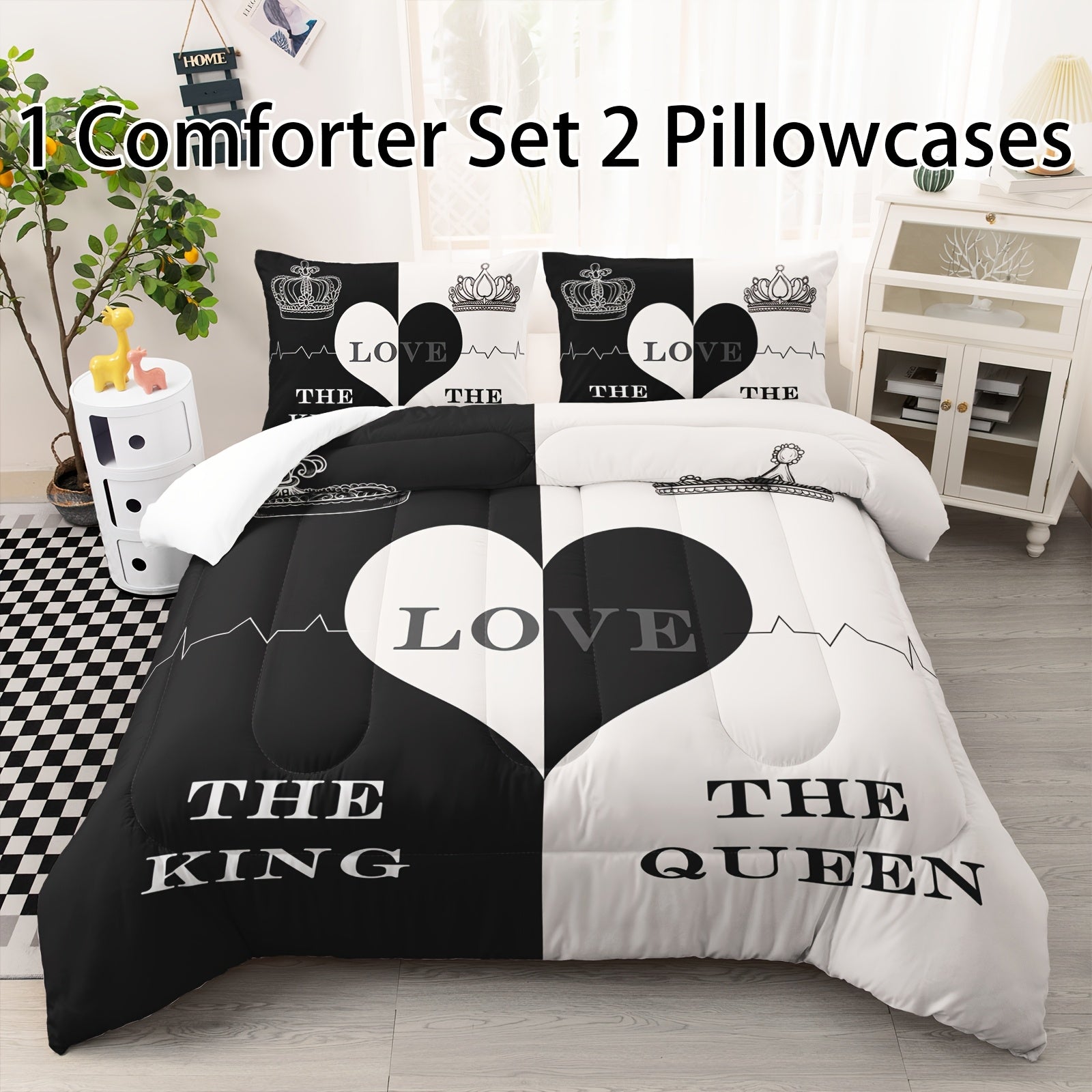 Black And White Love Pattern Comforter Set, Crown Print Bedding Sets, The King And Queen Soft Lightweight Bed Comforter Set Room Decoration, 1 Comforter Set 2 Pillowcases