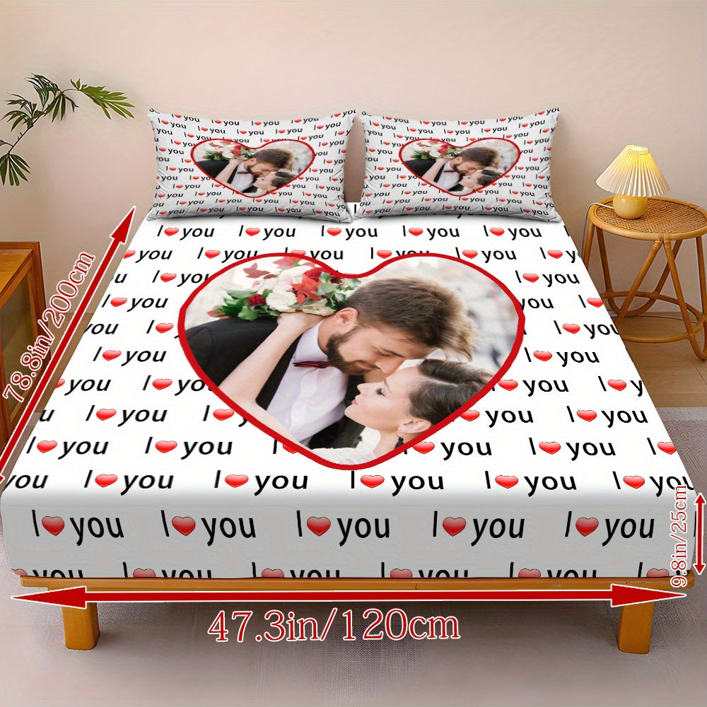 Custom 3pcs I Love You Personalized Printed Bedding Set, Couple Fitted Sheet Set - 1*Fitted Sheet + 2*Pillowcases, Coreless Elegant Design, Soft & Breathable Light Beige-Friendly Bed Linens in Multiple Sizes, Perfect Home Decor with Comfortable Mattress